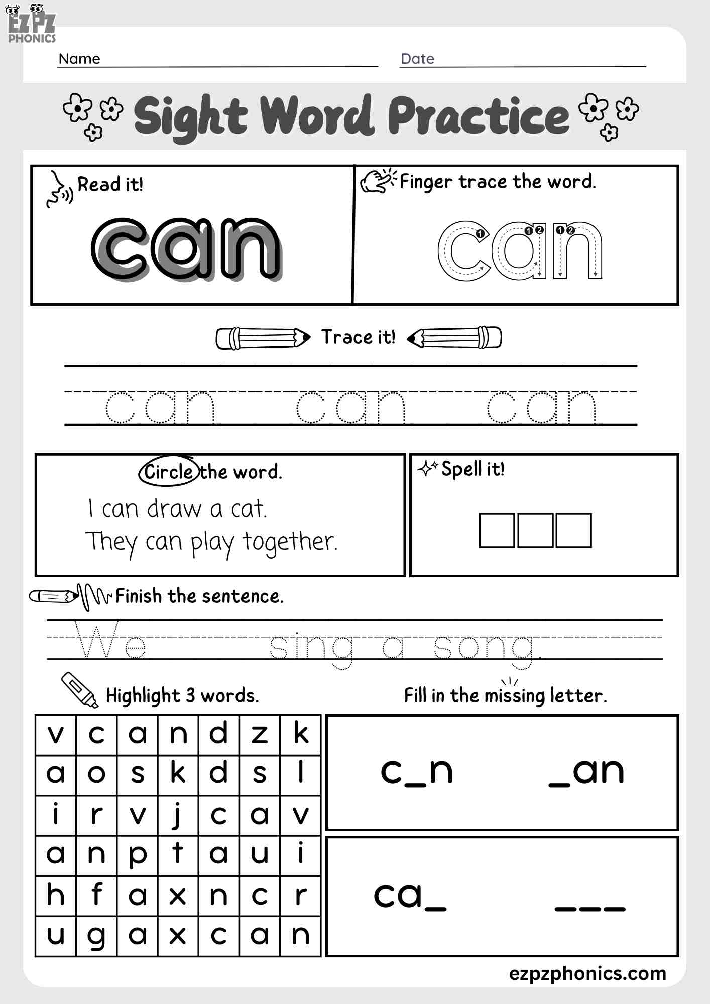 The Word "Can" Dolch Sight Word Worksheet Activity for Pre-Kindergarten and Kindergarten Students PDF Download